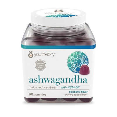 Youtheory Ashwagandha - Vegan Stress Support Supplement with KSM-66 & Ginger Extract - Low Sugar - Diary, Gluten & Soy-Free - Blueberry, 60 Gummies