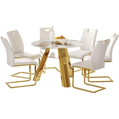 Infurnic Dining Sets Round Table Paired with Six Uniquely designed White Dining Chairs With Golden Metal Leg , White, 42"*42"*29.5"