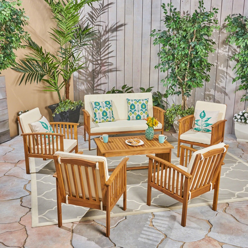 Photos - Garden Furniture Carolina 6pc Acacia Wood Chat Set - Brown/Cream - Christopher Knight Home