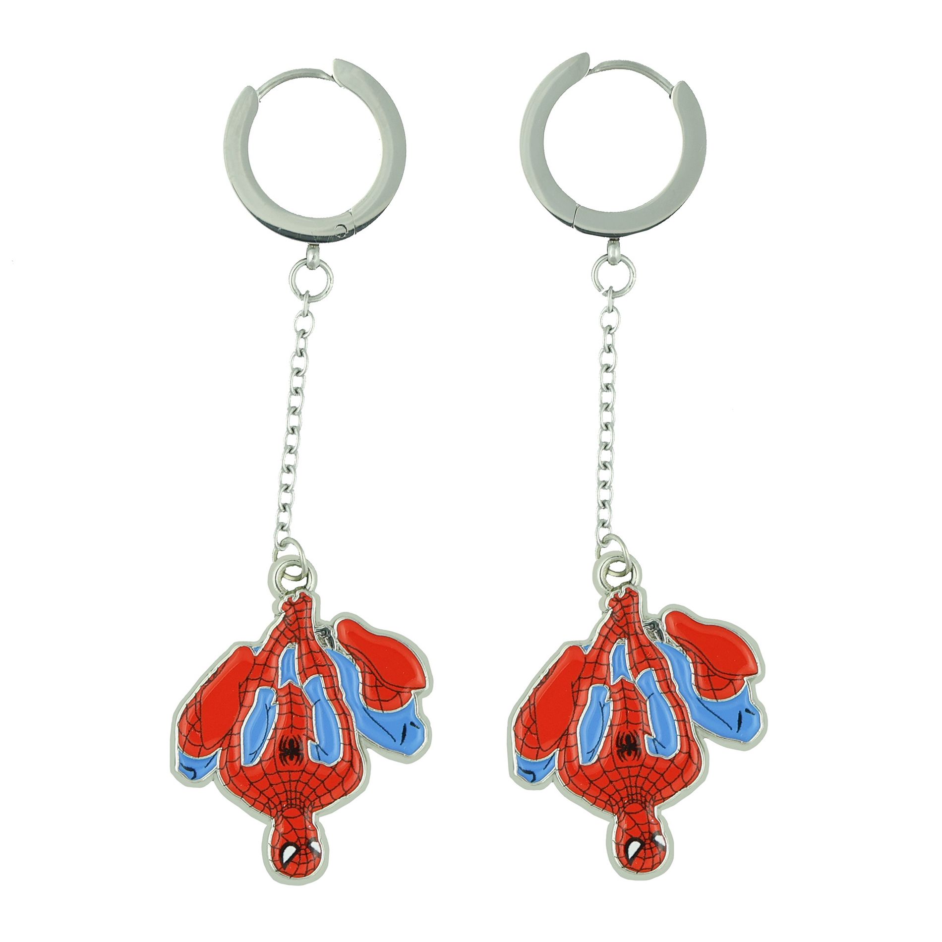 Marvel Spider-Man Earrings Upside-Down Spidey Huggie Clicker Hoop Dangle Jewelry Multicolored