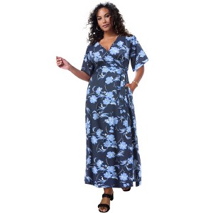 Roaman's Plus Size Flutter Sleeve Wrap Maxi Dress - 1 of 3