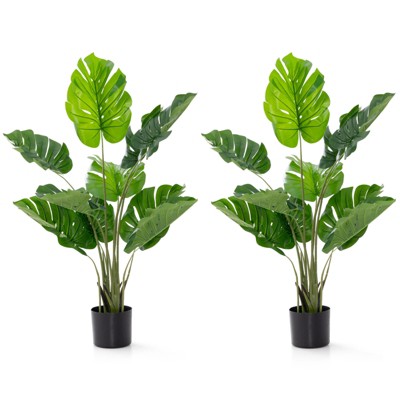Tangkula Set of 1/2 Artificial Monstera Deliciosa 4FT Fake Tropical Palm Tree Large Faux Floor Plant in Pot with 10 Leaves of Different Sizes