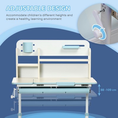 Adjustable height desk with range 88-109 cm shown, blue and white color