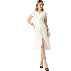 Allegra K Women's Casual Zipper Split Front Round Neck Short Sleeve Midi Dresses - 1 of 4