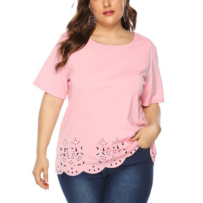 Womens Plus Size Summer Tops Scoop Neck Loose Fit T-Shirts Plus Size Short Sleeve Hollow Out Design Tops