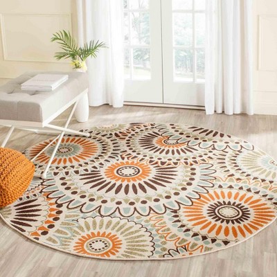 Round Cream and Chocolate Synthetic Floral Area Rug