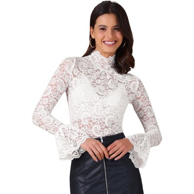 INSPIRE CHIC Women's Floral Lace Mesh Mock Neck Long Bell Sleeve Casual Dressy Blouse
