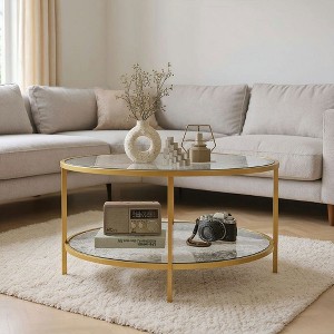 Resenkos 32" Round Side Table with Storage, 2-Tier Tempered Glass Coffee Table, Steel Frame, Adjustable Foot Pads, - 1 of 4