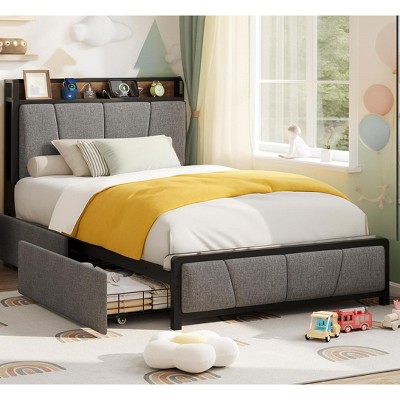 Twin Size Bed Frame with Storage Drawers & Charging Station, Rustic Linen Upholstered Platform Bed with Storage Headboard, No Box Spring Needed, Grey.