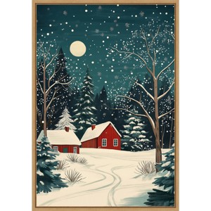 Amanti Art 23"x33" Red Houses and Snowy Night Sky by Pictufy Studio Framed Canvas Wall Art - 1 of 4