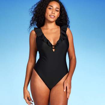 Women's Ribbed Plunge Twist-front One Piece Swimsuit - Shade & Shore™ Black  M : Target