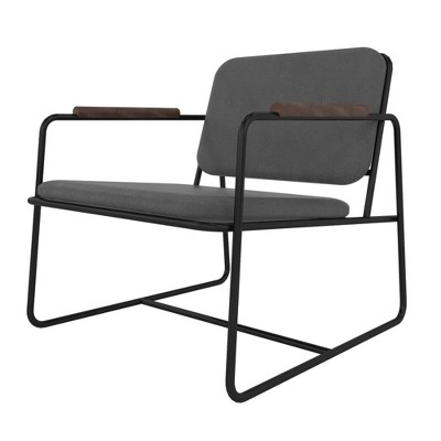 Black Faux Leather Accent Chair with Wooden Accents, Set of 2