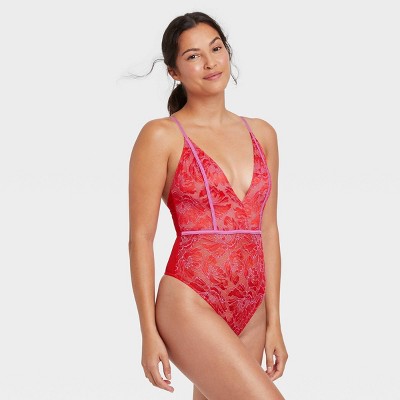 Women's V-Neck Lace Bodysuit - Auden™ Red S