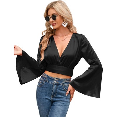 Women's V Neck Long Bell Sleeve Top Wrap Blouse Tie Front Crop Top Long Sleeve Top Tee Shirts