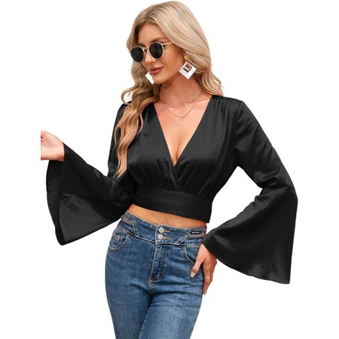 Women's V Neck Long Bell Sleeve Top Wrap Blouse Tie Front Crop Top Long Sleeve Top Tee Shirts - image 1 of 4