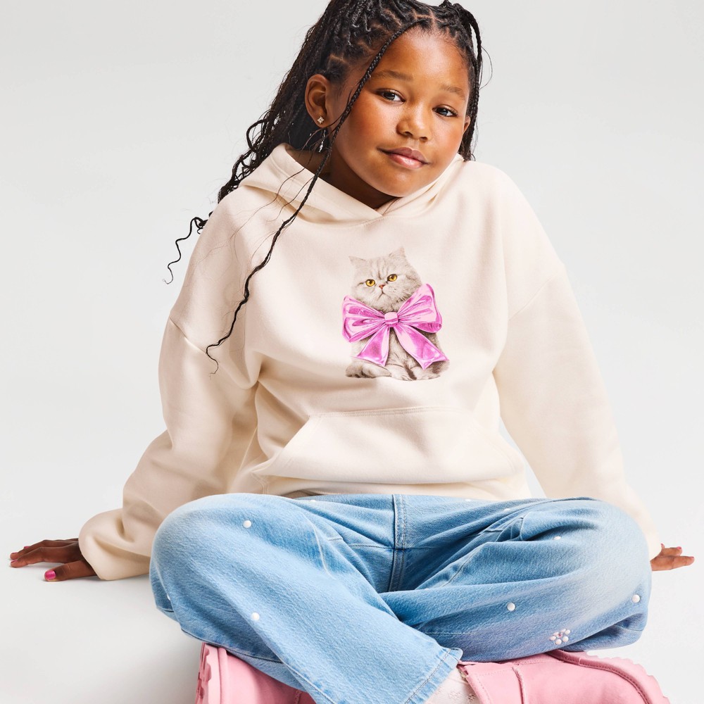 Girls' Fleece 'Cat' Graphic Hoodie Sweatshirt - Cat & Jack™ Cream XXL Plus