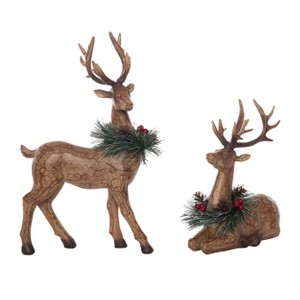 Resin Carved Reindeer with Wreath Figurine Set of 2 - 1 of 2