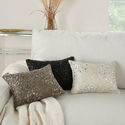Pewter Gray Beaded Embroidered Lumbar Throw Pillow 10" x 14"