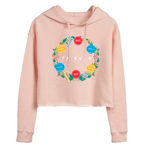 Women's Friends Wreath Cropped Graphic Hoodie - Blush - Large - 1 of 3