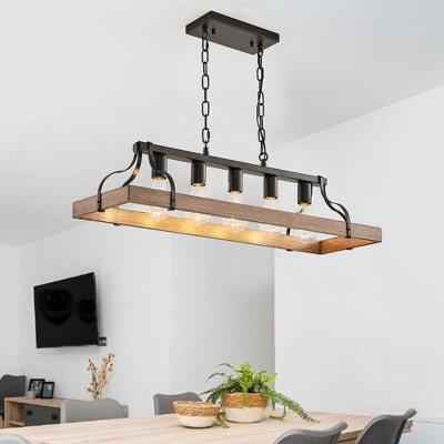 DOMETOUR 34-Inch Black Walnut Wood Grain Pendant Light, 5 E26 Sockets, Adjustable Chain – Modern Farmhouse Chandelier for Dining & Kitchen