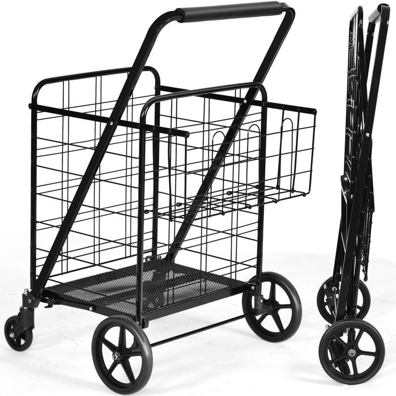 Folding Shopping Cart Jumbo Double Basket Grocery Cart with Wheels Black Silver, 1 of 6