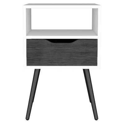 Vynxaria 1-Drawer 1-Shelf Nightstand, Smokey Oak & White Finish, 20.9" Superior Top, 4-Leg Design