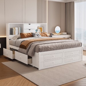 TIRAMISUBEST Queen/King Size Wooden Platform Bed with Storage Headboard, Modern Bed Frame with 8 Drawers - 1 of 4