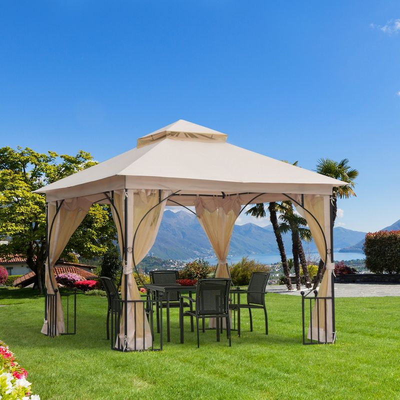 Outsunny 10' x 10' Patio Gazebo Canopy Outdoor Pavilion with Mesh Netting SideWalls, 2-Tier Polyester Roof, & Steel Frame, 3 of 8