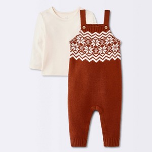 Baby 2pc Long Sleeve Christmas Holiday Fairisle T-Shirt and Overalls Set - Cloud Island™ Red/Cream - 1 of 4