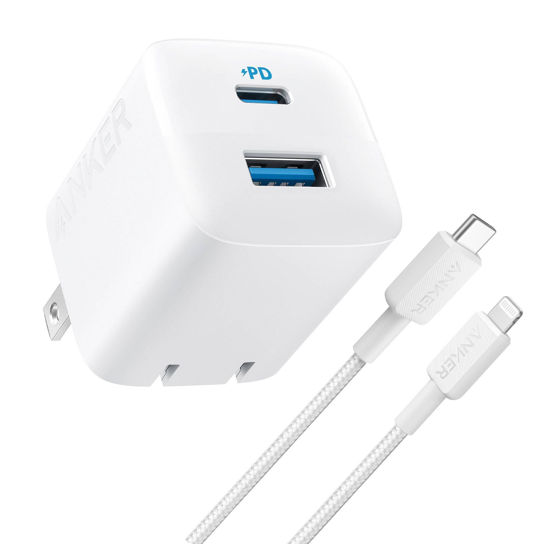 Anker 2-Port 32W Wall Charger with 6' Lightning to USB-C Cable - White: Quick Charge USBC Block