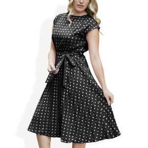Anna-Kaci Women's Polka Dot Midi Dress with Cap Sleeves Pleated Skirt and Waist Tie Belt - 1 of 4