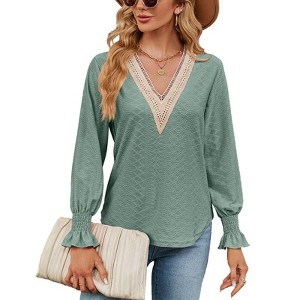 Coolmee Womens Long  Lantern Sleeve Tops Lace V Neck Loose Fit Shirts Eyelet Hollow Dressy Casual T Shirts Medium Dark Green - 1 of 4