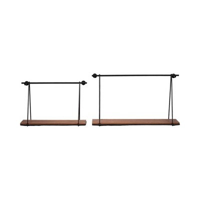 Sagebrook Home Set of 2 Wall Shelves - 12"/14" Brown and Black Wood and Metal Rustic Floating Swing Wall Shelves