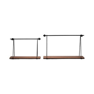 Sagebrook Home Set of 2 Wall Shelves - 12"/14" Brown and Black Wood and Metal Rustic Floating Swing Wall Shelves - 1 of 4