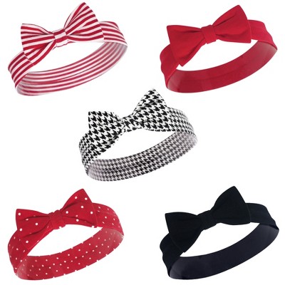Hudson Baby Infant Girl Cotton Headbands 5pk, Red Houndstooth, 0-24 Months