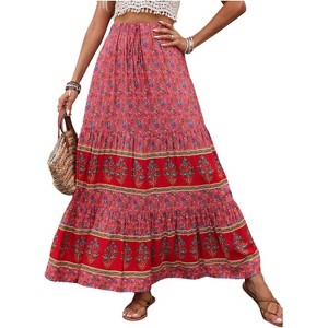 Women's Boho Maxi Skirt - Flowy Flared Ruffle Design for Summer & Going Out Outfits Boho Pink - 1 of 4