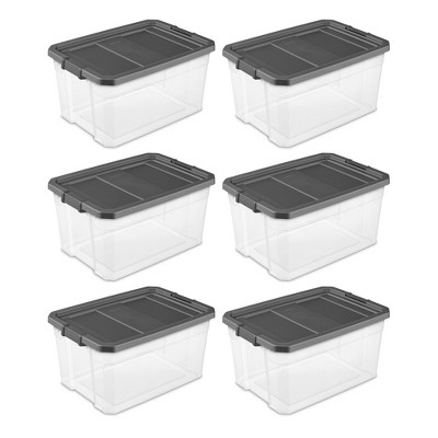 Sterilite 76 Quart Clear Plastic Modular Stacker Storage Bin Tote Container with Latching Lid, Clear Base, and Textured Surface, Flat Grey (6 Pack)