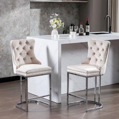 SKRAN 26" Mid Century Modern Velvet Counter Height Bar Stools Set of 2, With Metal Base Legs, Button Tufted And Nailheads Trim For Pub, Cafe