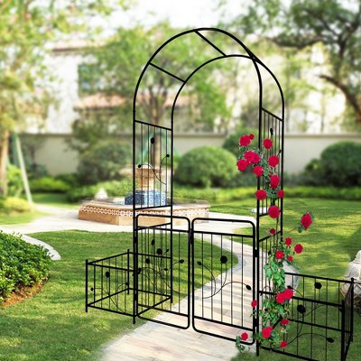 Metal Garden Arch with Double Gate, Wedding Arch With 2 Side Flower Racks, Climbing Plants Support Rose Arch Outdoor, Black