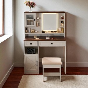 Farmhouse Makeup Vanity Desk with Lighted Mirror and Charging Station,Rustic Dressing Table with Barn Door Style,Storage Drawers,Shelves and Stool - 1 of 4