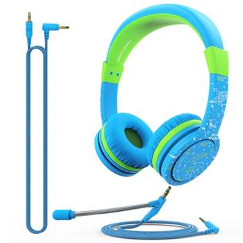 FosPower On Ear Stereo Headset w/ 3.5mm detachable mic, & 3.5mm aux cable for Kids (Max 85dB) - Blue / Green