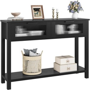 Modern Wood Console Table with 2 Glass Drawers – 2-Tier Entryway Table with Storage Shelf, Foyer & Living Room Sofa Table - 1 of 4