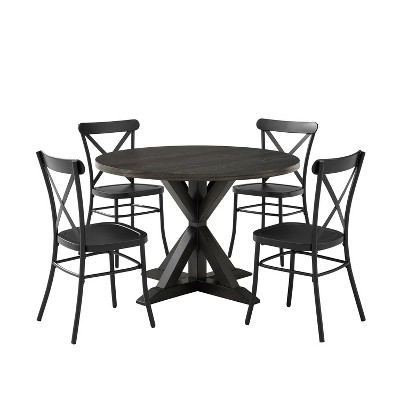 Hayden 5-Piece Round Dark Wood Dining Set with Black X-Back Chairs