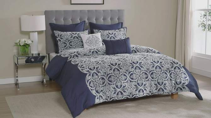 Madison Park 7pc Gianni Flocking Comforter Bedding Set with Euro Shams and Throw Pillows Navy Blue, 2 of 12, play video