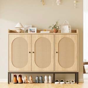 YESFASHION Rattan Shoe Cabinet w/ 3 Doors, Freestanding Shoe Organizer w/ Large Storage Space, 8-Tier Shoe Cabinet w/ Adjustable Shelves for Entryway - 1 of 4