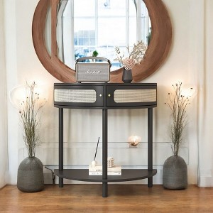Alilang 31.88 Inch Black Half-Moon Console Table with Cane Front Drawers and Lower Shelf-Black - 1 of 4