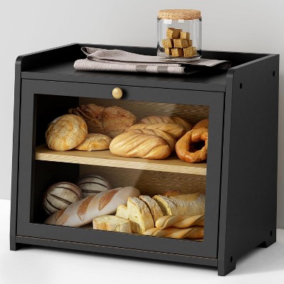 Black Wood Farmhouse Bread Box for Kitchen Countertop, Large Capacity