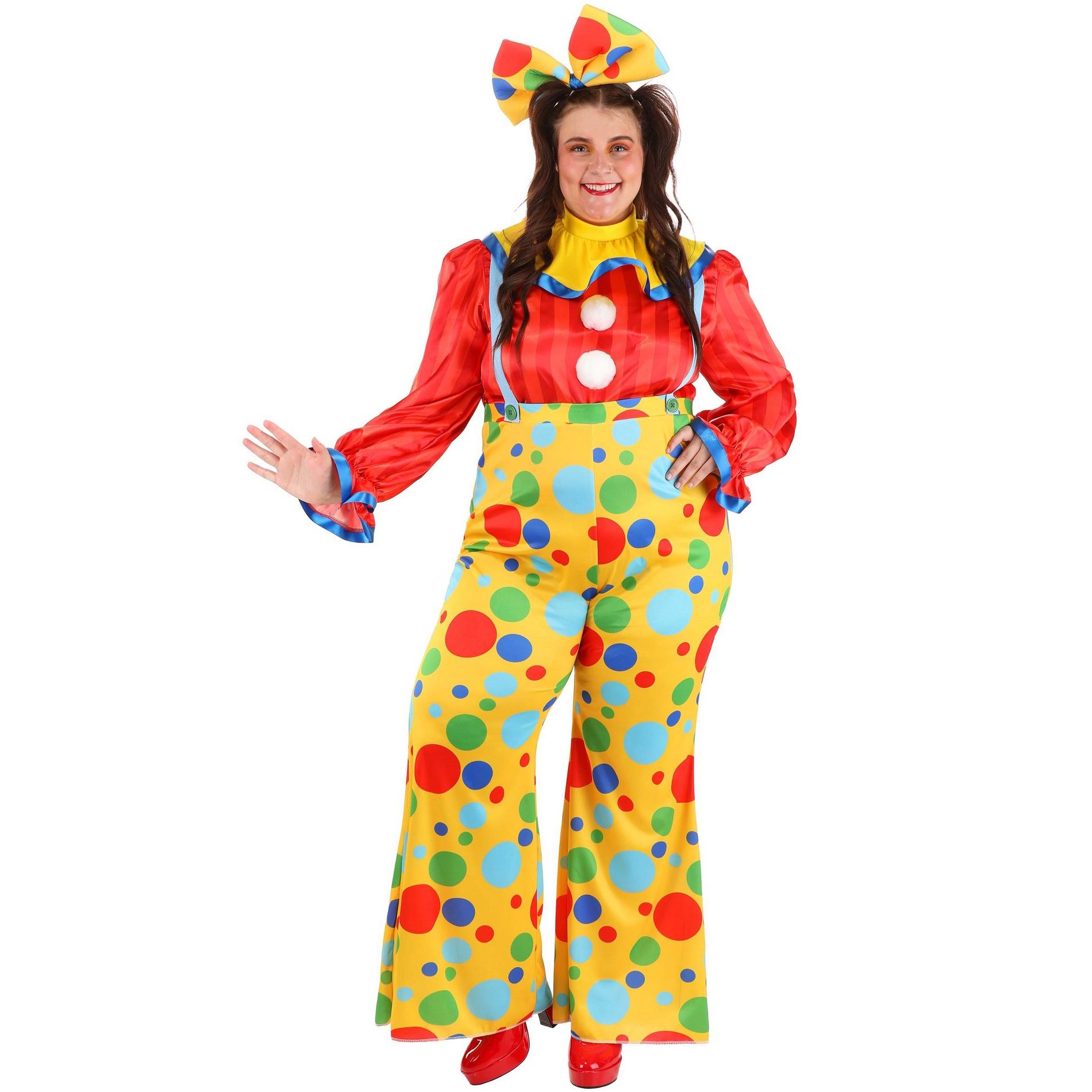HalloweenCostumes.com 4X Women Women's Plus Size Posh Polka Dot Clown Costume | Colorful Circus Jester Outfit w/ Collar & Hair Bow,  Blue/Yellow/Red