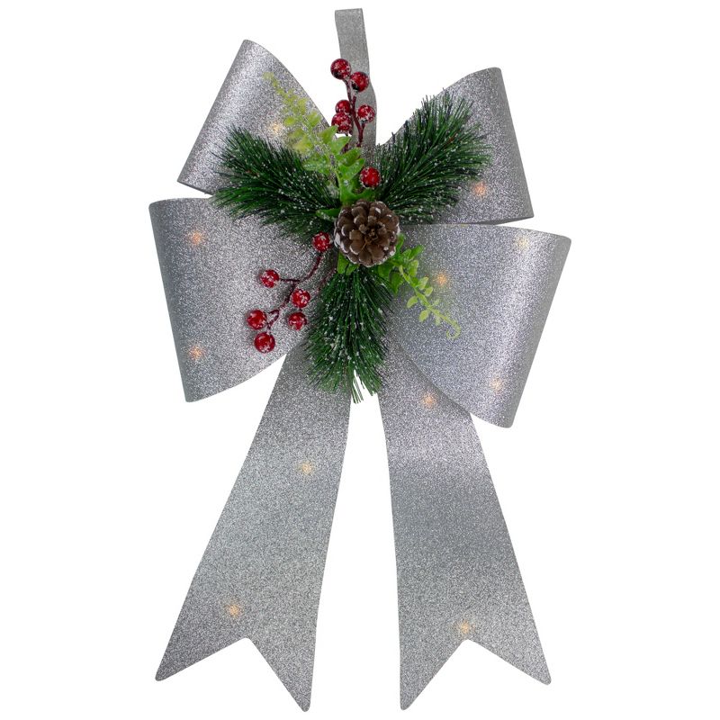 Northlight 19" LED Lighted Sliver Tinsel Bow Christmas Decoration, 1 of 4