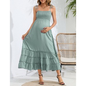 Coolmee Women Casual Smocked Maternity Sexy Backless Sleeveless Spaghetti Strap Tiered Ruffled Maxi Dress - 1 of 4